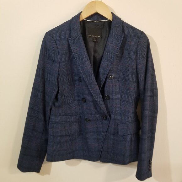 Women's Banana Republic Wool Blend - Double Breasted Blue Plaid Blazer - Sz 4 - Picture 1 of 9